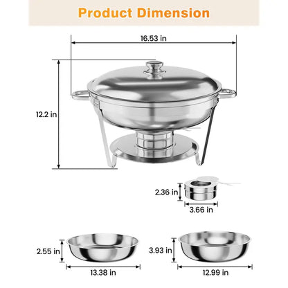 5QT Stainless Steel Chafing Dish, Round Buffet Food Warmer & Serving Dish, 2/4/6 Pack