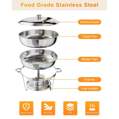 5QT Stainless Steel Chafing Dish, Round Buffet Food Warmer & Serving Dish, 2/4/6 Pack