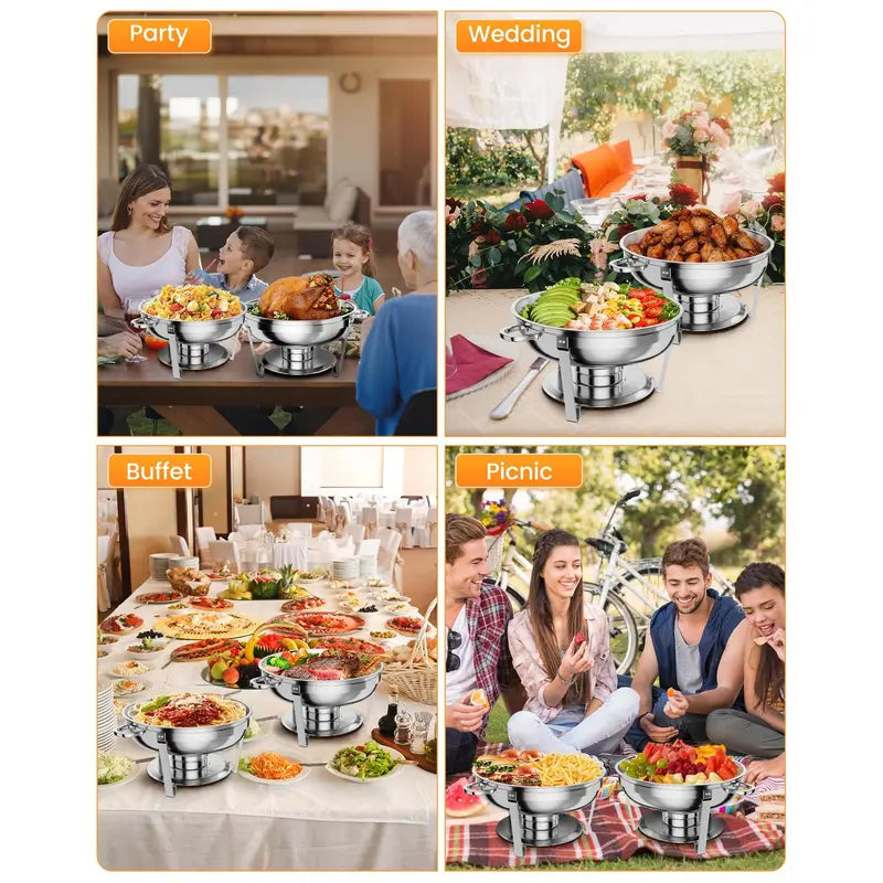 5QT Stainless Steel Chafing Dish, Round Buffet Food Warmer & Serving Dish, 2/4/6 Pack